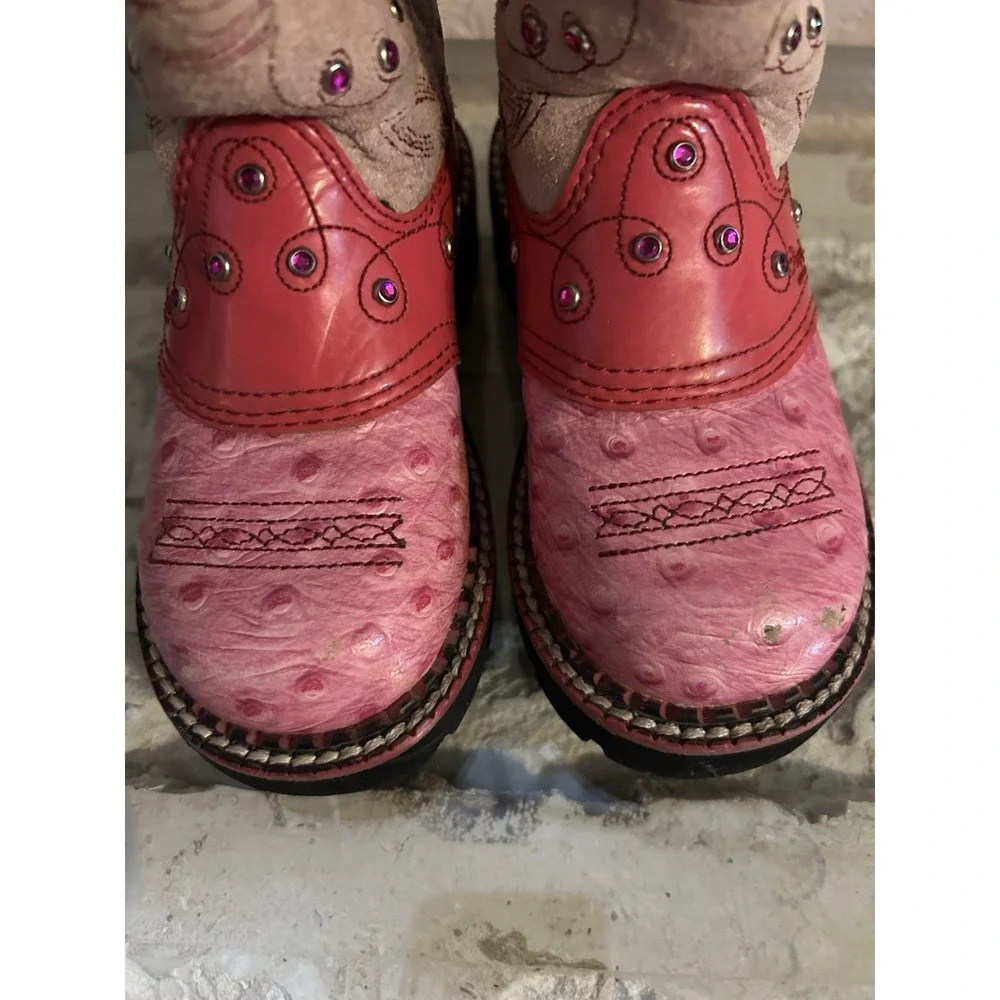 Youth Girl's Size 8.5 Ariat Fatbaby Cowgirl Boots Pink Flower Rhinestone